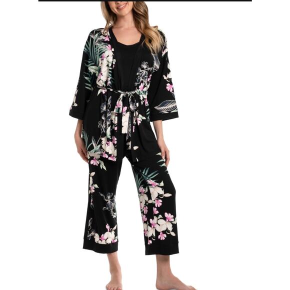 Brand New Linea Donatella Womens Small 3 Piece Black Floral Lounge Set Sleepwear - Picture 1 of 9